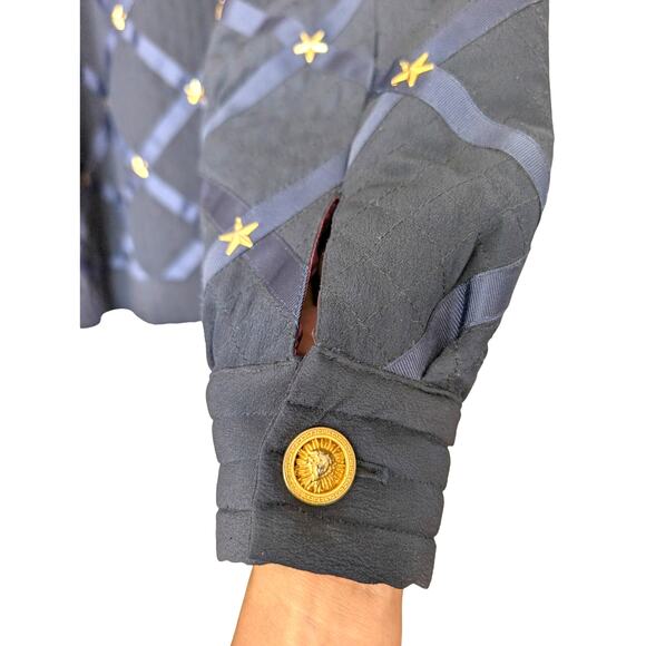 Vintage Peter Nygard Navy Silk Bomber with Ribbon and Gold Accents - Picture 6 of 13